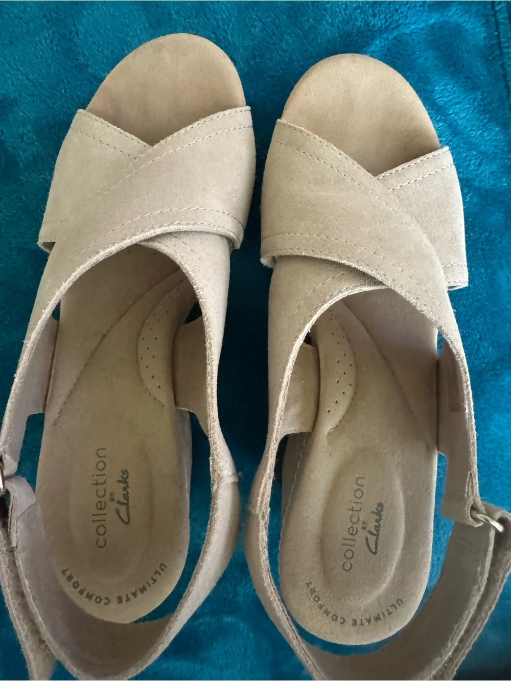 Clarks Beige Suede Cork Wedge Sandals, size 7